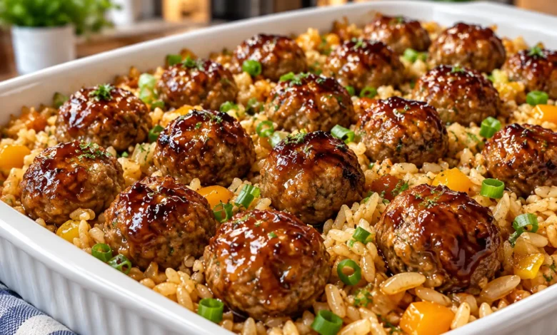 Honey Garlic Meatball Rice Bake