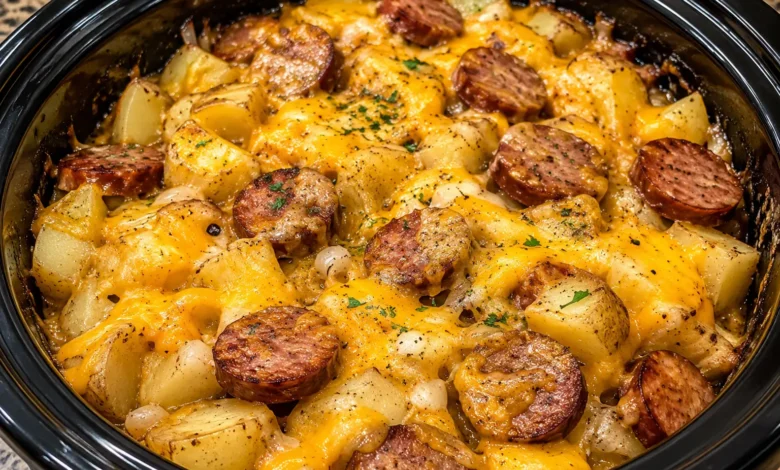 Crockpot Cheesy Potatoes & Beef Kielbasa