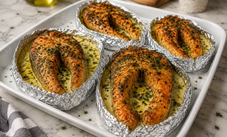 Creamy Garlic Herb Salmon Steak Foil Packs