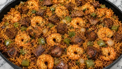 Southern Garlic Butter Shrimp and Steak Rice Skillet
