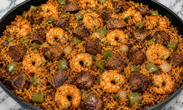 Southern Garlic Butter Shrimp and Steak Rice Skillet