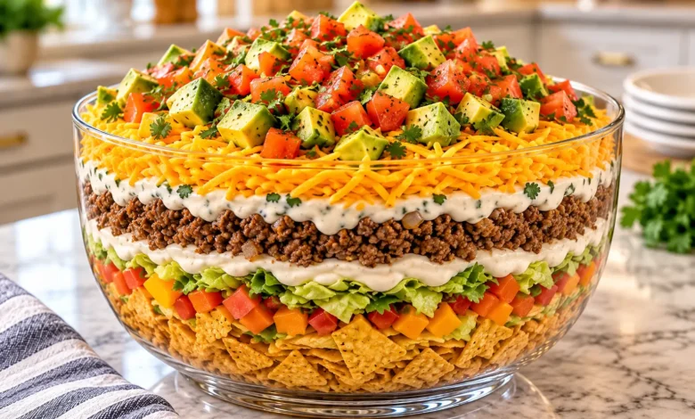 Loaded Layered Fiesta Taco Salad Trifle Bowl